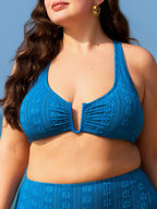 Jakarlı Mavi Büyük Beden Çapraz Sırt Bikini Üstü