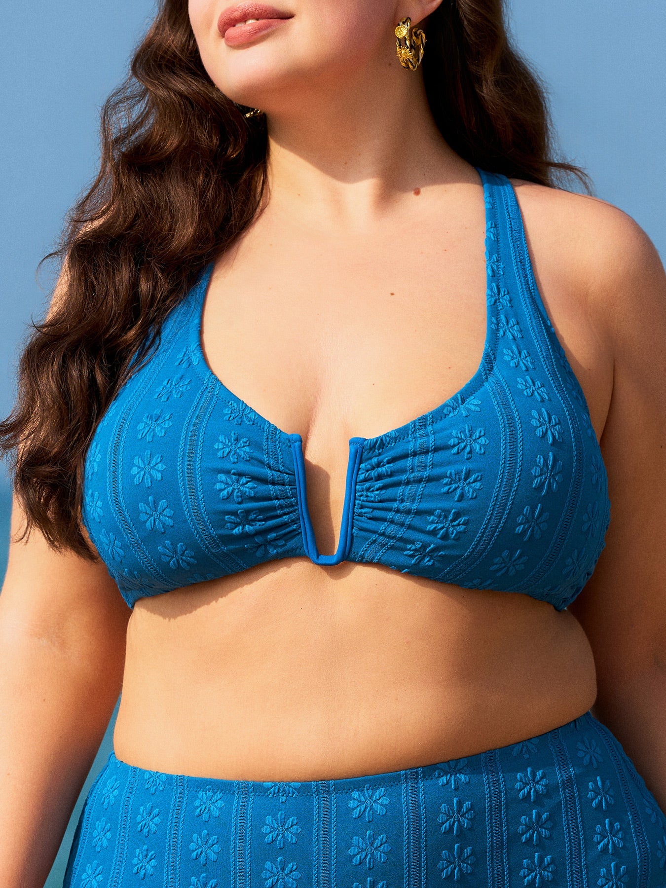 Jakarlı Mavi Büyük Beden Çapraz Sırt Bikini Üstü