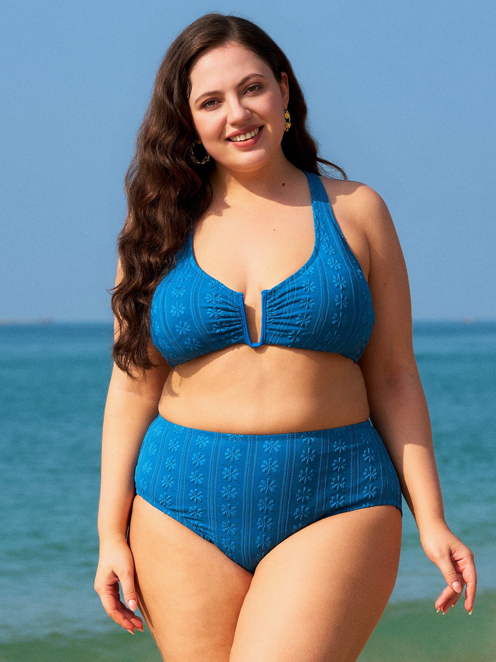 Jakarlı Mavi Büyük Beden Çapraz Sırt Bikini Üstü