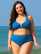 Jakarlı Mavi Büyük Beden Çapraz Sırt Bikini Üstü