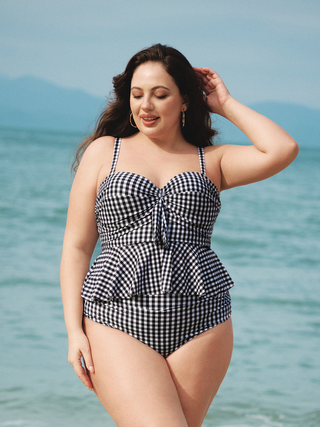 Şık Siyah Gingham Büyük Beden Tankini Üst - Rahat Yaz Stili