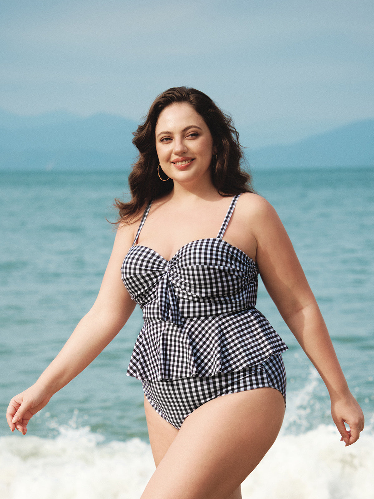 Şık Siyah Gingham Büyük Beden Tankini Üst - Rahat Yaz Stili