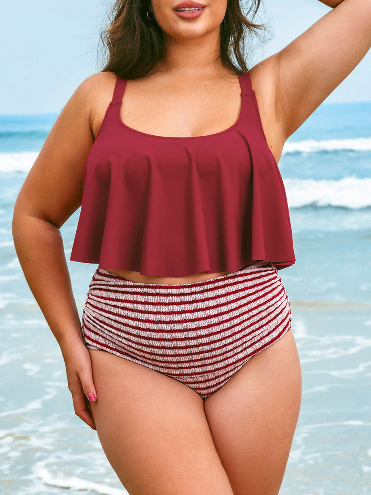 Şarap Renkli Çizgili Büyük Beden Bikini Altı