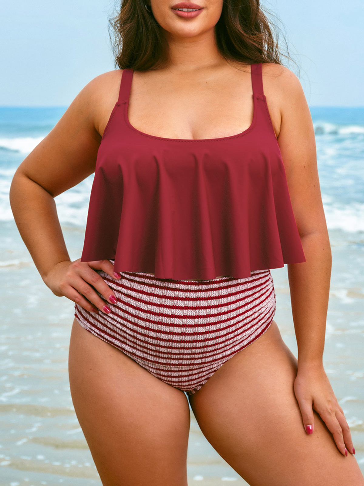 Şarap Renkli Çizgili Büyük Beden Bikini Altı