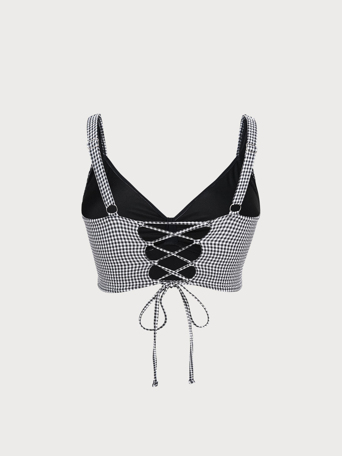 Kadın Büyük Beden Siyah Gingham Fiyonk Bikini Üstü