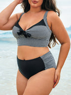 Kadın Büyük Beden Siyah Gingham Fiyonk Bikini Üstü