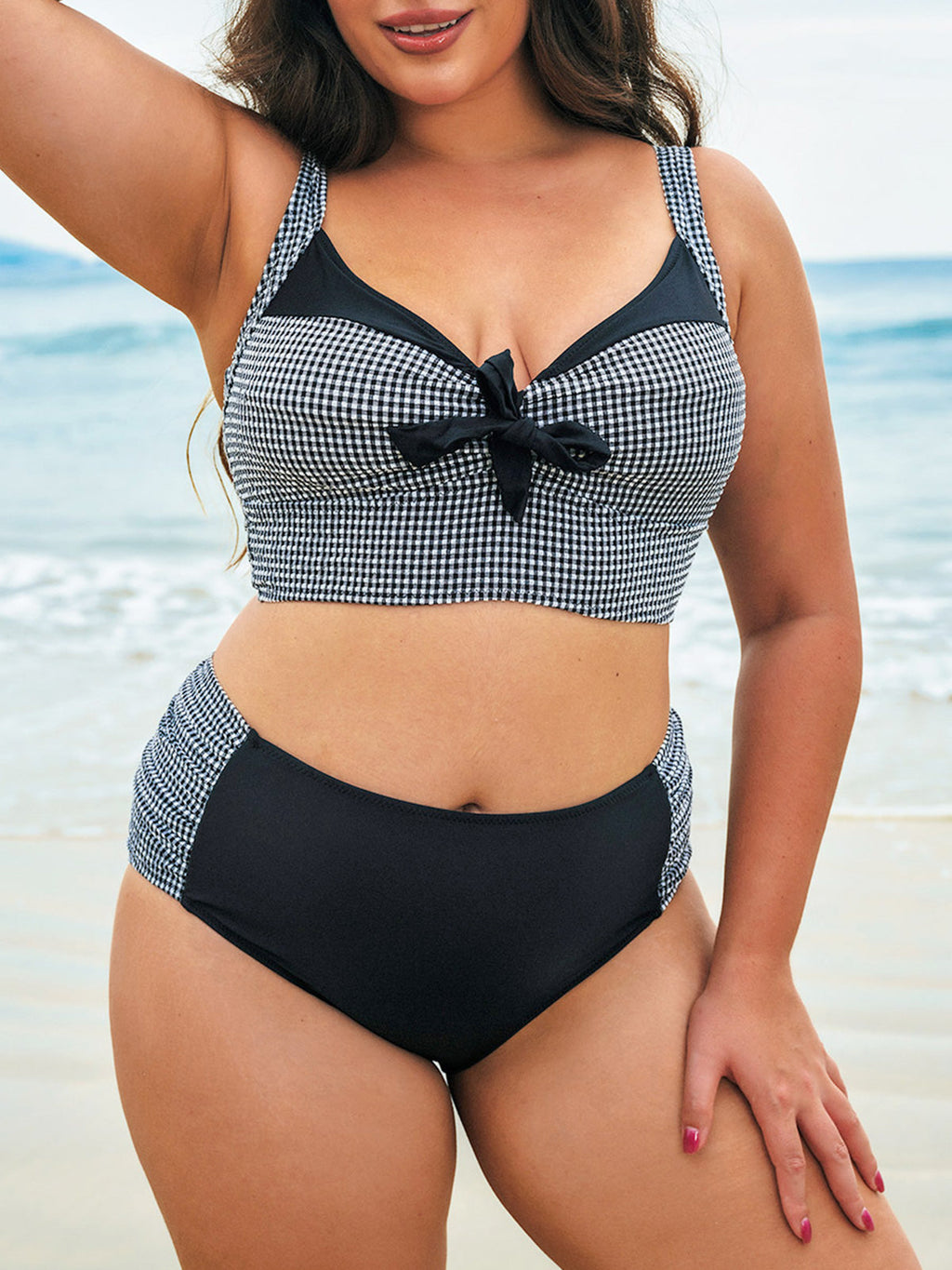 Kadın Büyük Beden Siyah Gingham Fiyonk Bikini Üstü