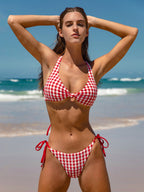 Şık Kırmızı Kareli Düğüm Bikini Üstü - Yaz Modası