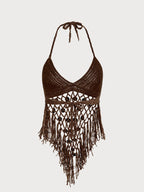 Premium Kahverengi Kılçık Halter Fringes Yüzme Kapatıcı