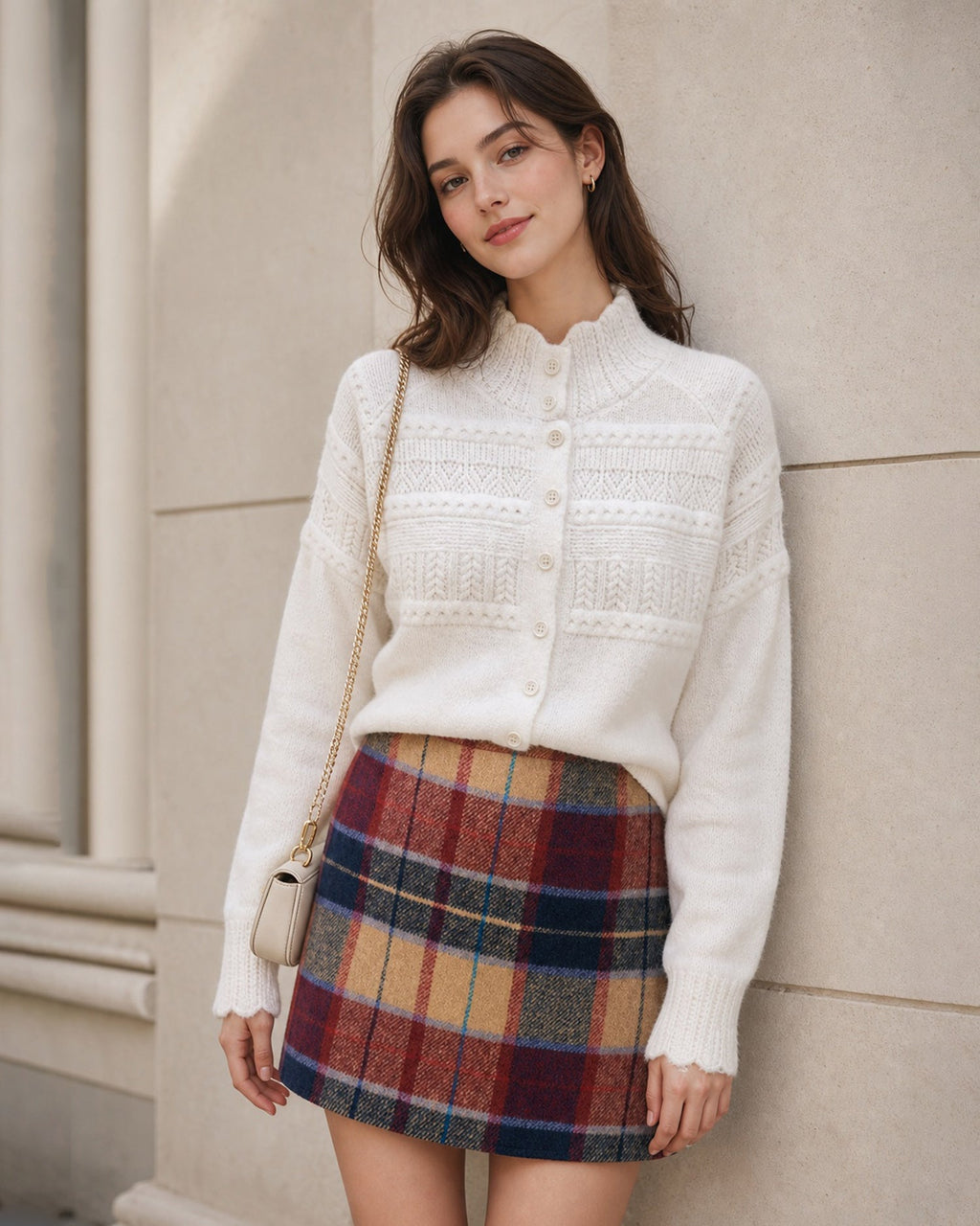 Off White Kaplumbağa Yaka Kesik Düğmeli Triko Hırka