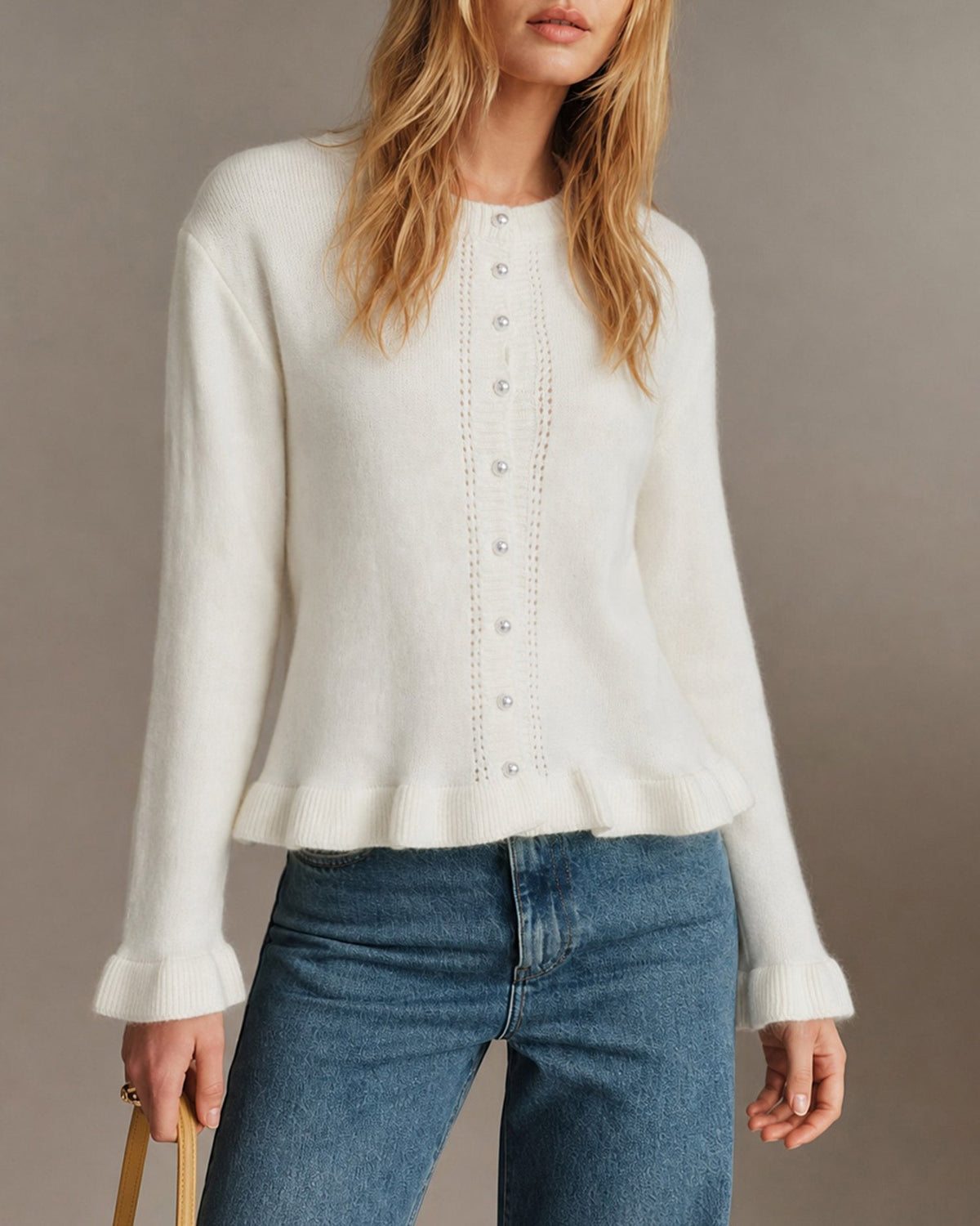 Off White Tek Düğmeli Örgü Hırka