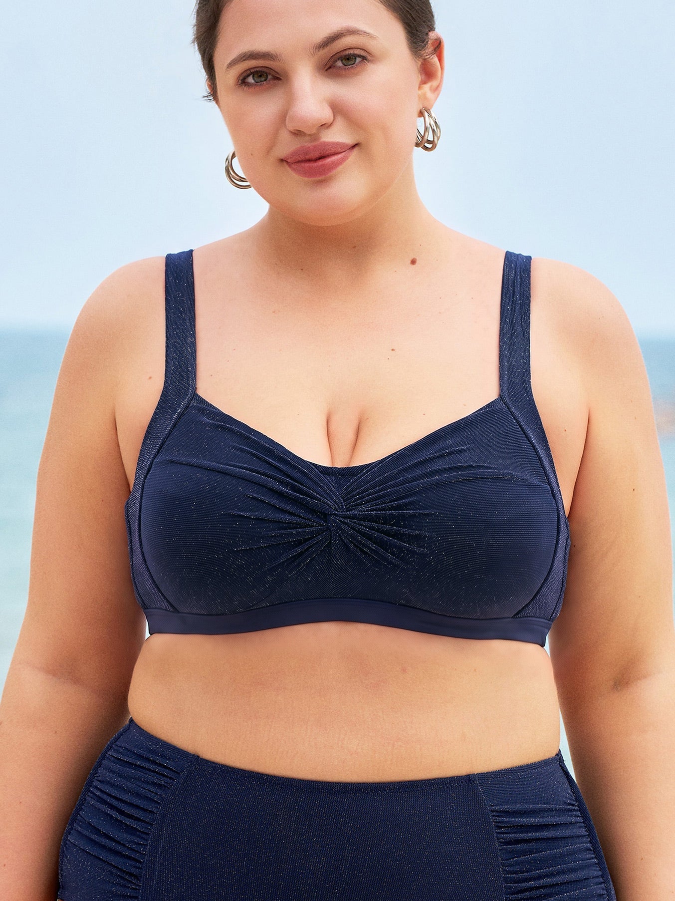 Parıltılı Lacivert X-Cross Büyük Beden Bikini Üstü