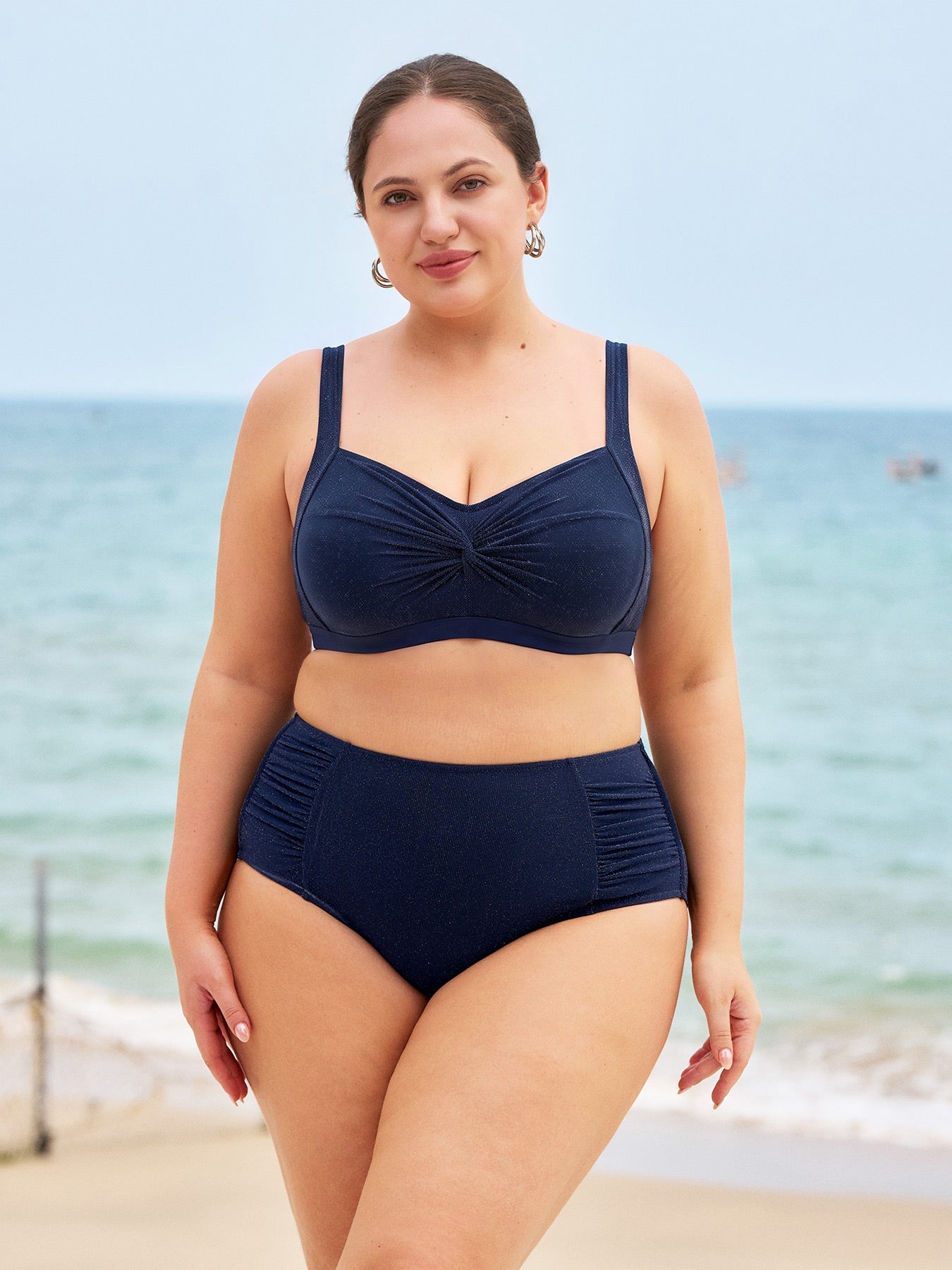 Parıltılı Lacivert X-Cross Büyük Beden Bikini Üstü