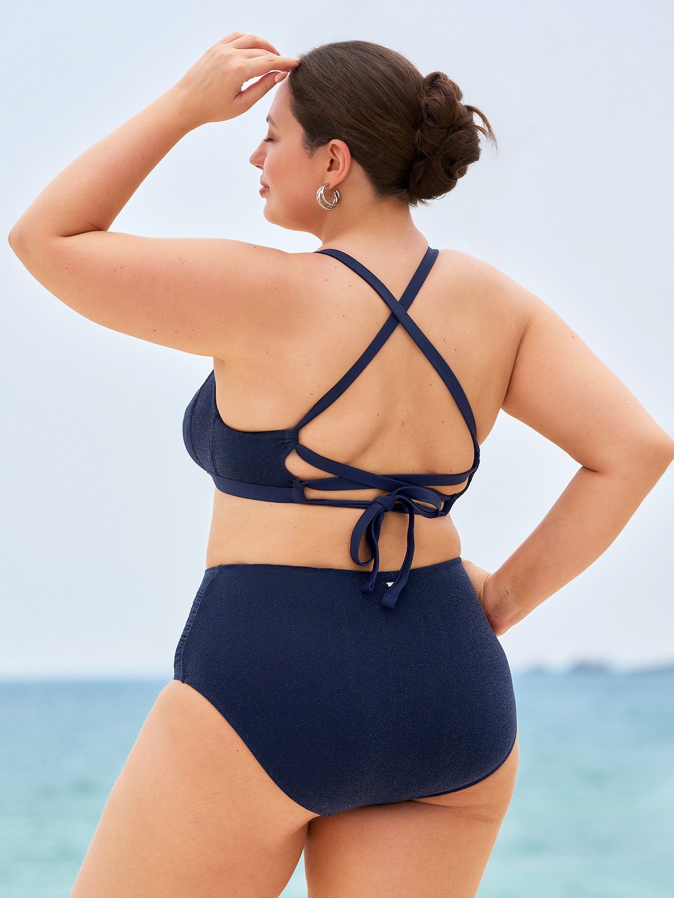 Parıltılı Lacivert X-Cross Büyük Beden Bikini Üstü
