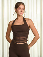 Şık Kahverengi Halter Yaka Şifon Crop Top