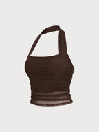 Şık Kahverengi Halter Yaka Şifon Crop Top