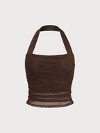 Şık Kahverengi Halter Yaka Şifon Crop Top