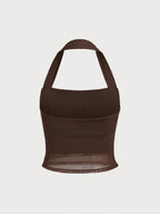 Şık Kahverengi Halter Yaka Şifon Crop Top