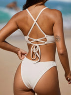 Off White Kırışık Yaka Altın Detaylı Bikini Üstü