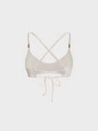 Off White Kırışık Yaka Altın Detaylı Bikini Üstü