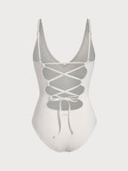 Off White V Yaka Uzun Torso Tek Parça Mayo - Karın Kontrol