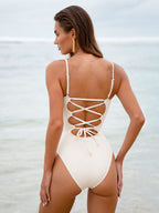 Off White V Yaka Uzun Torso Tek Parça Mayo - Karın Kontrol