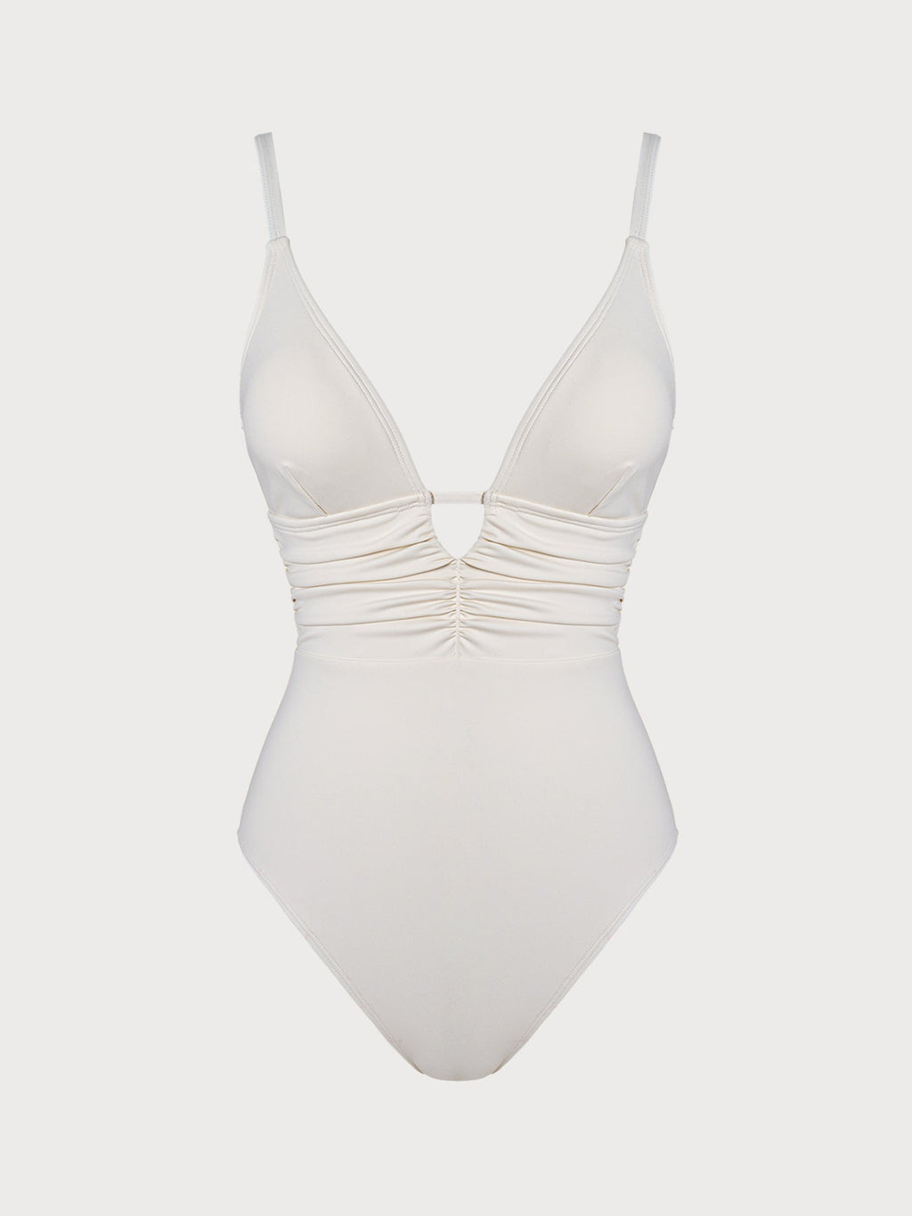 Off White V-Yaka Kesik Karın Kontrol Mayo - Şık Tek Parça