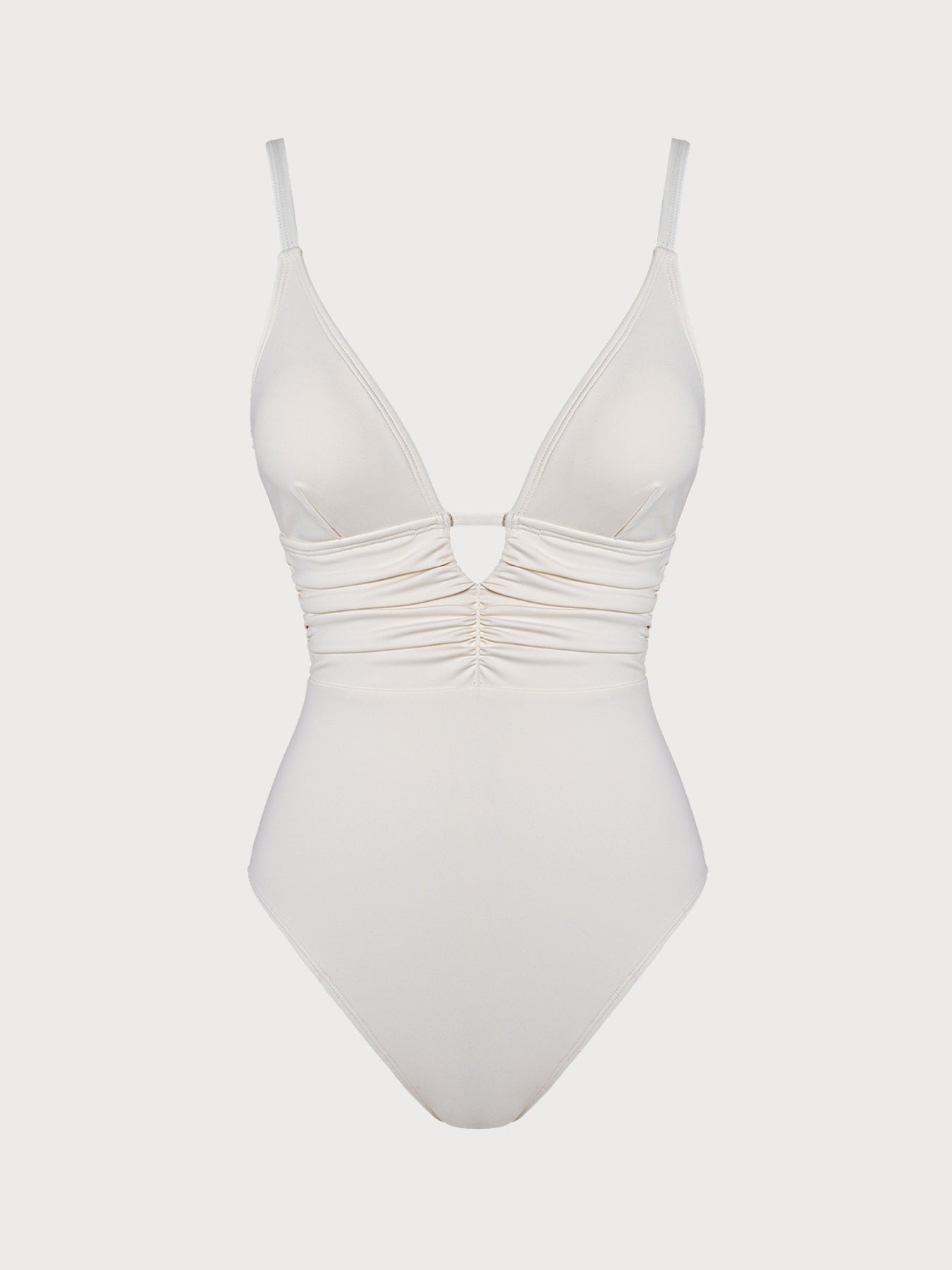 Off White V-Yaka Kesik Karın Kontrol Mayo - Şık Tek Parça