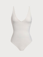 Off White V Yaka Uzun Torso Tek Parça Mayo - Karın Kontrol