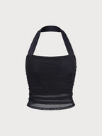 Şık Siyah Halter Yaka Şifon Crop Top - Yaz Modası