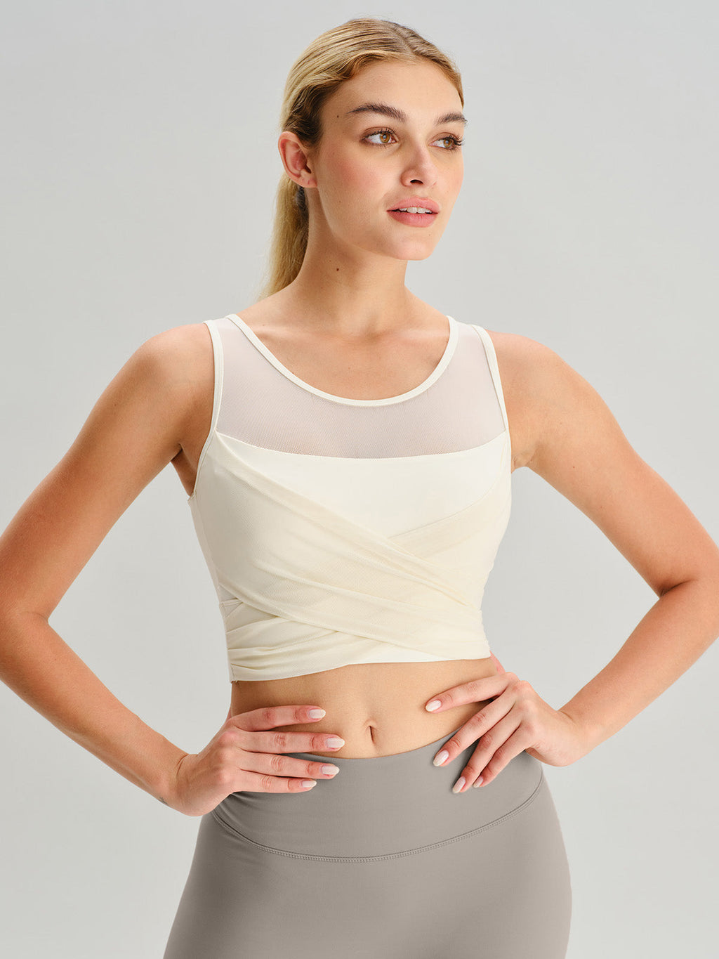 Bej Çapraz Ön Fileli Tank Top - Hafif Destekli