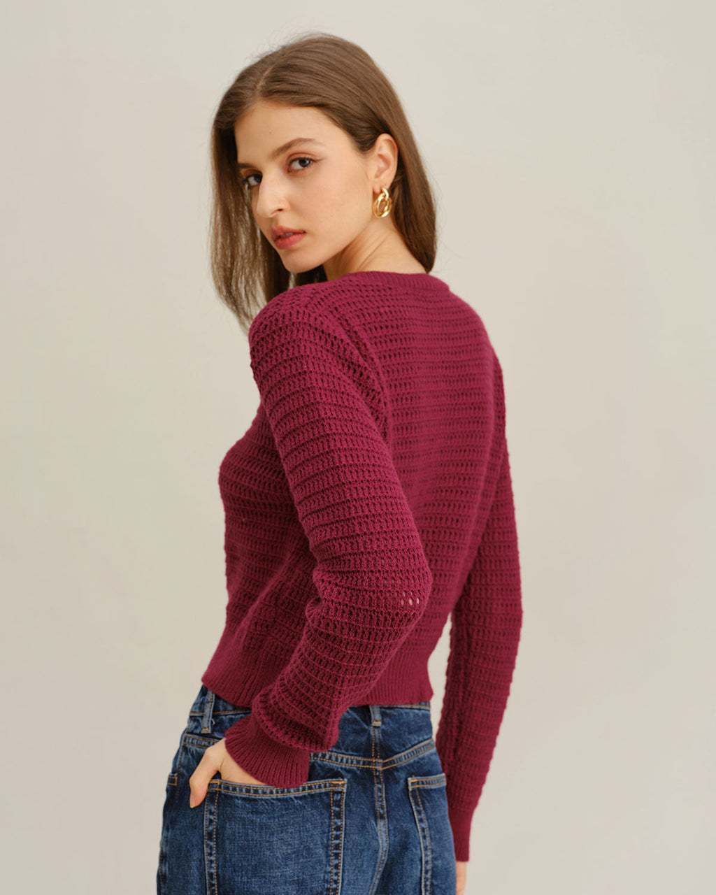 Şarap Kırmızı Tek Düğmeli Yuvarlak Yaka Triko Hırka