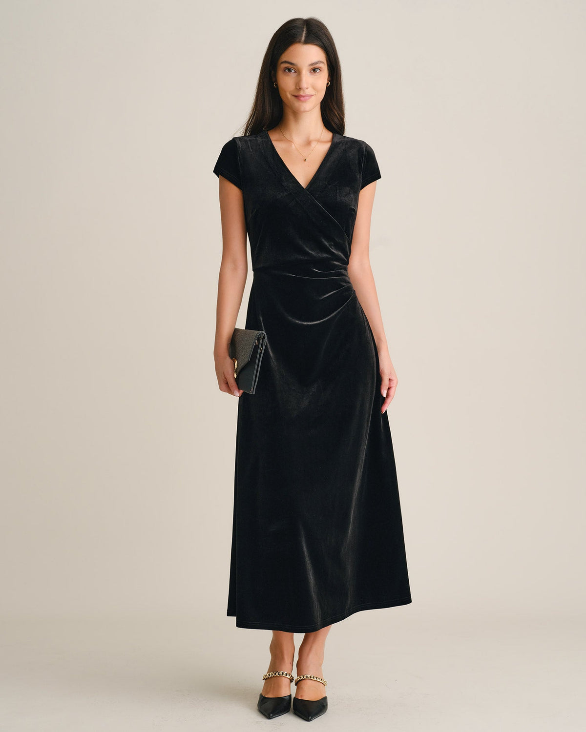 Siyah V Yaka Velur Maxi Elbise