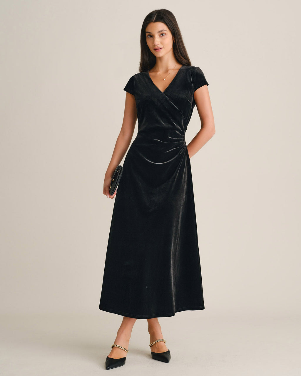 Siyah V Yaka Velur Maxi Elbise