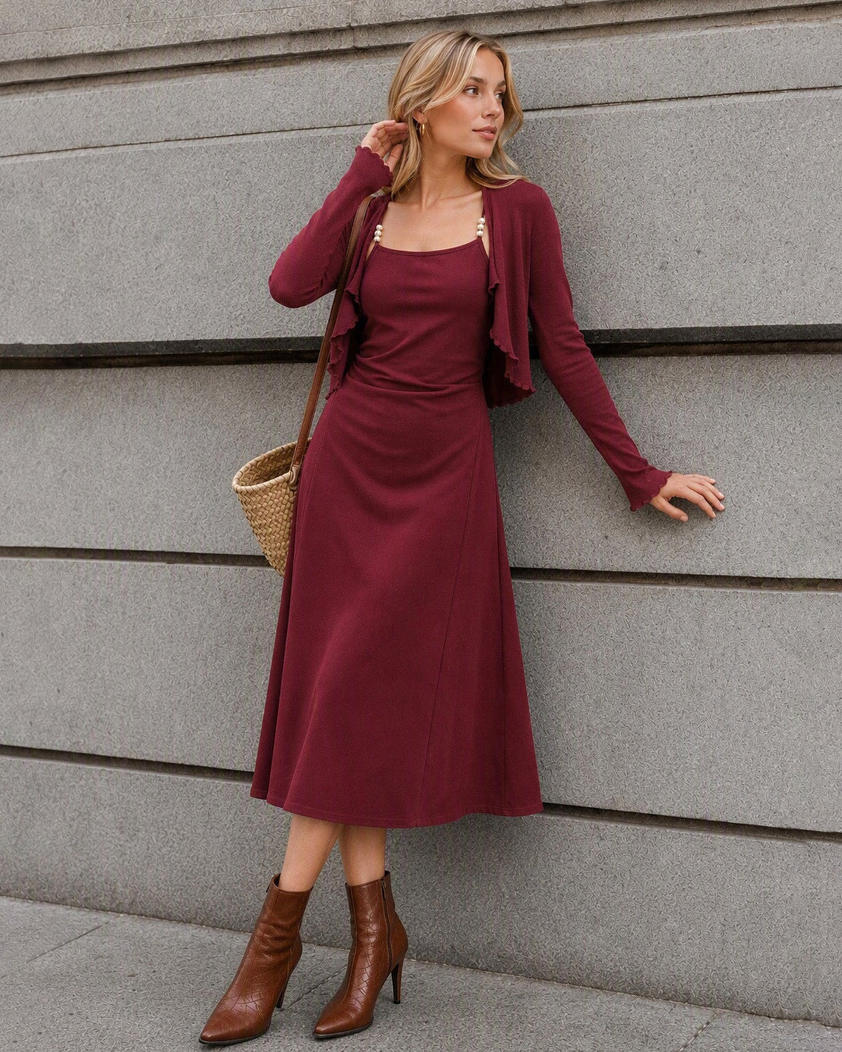Şarap Kırmızısı Boncuklu Slip Midi Elbise