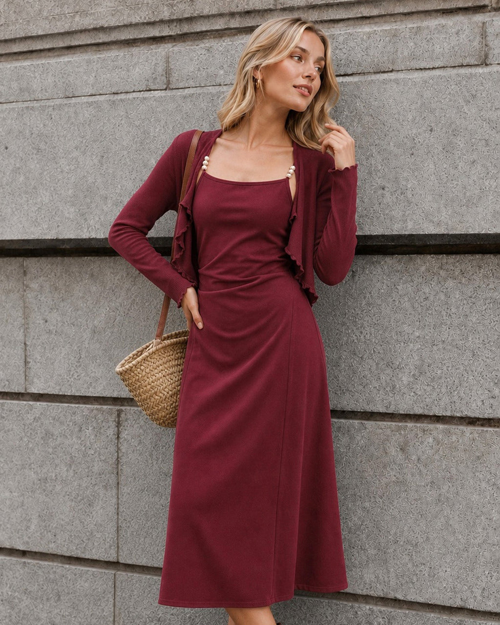Şarap Kırmızısı Boncuklu Slip Midi Elbise