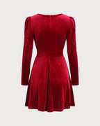 Şarap Kırmızı Velur A-Line Mini Elbise