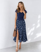 Mavi Düz Cowl Yaka Ruches Tişört