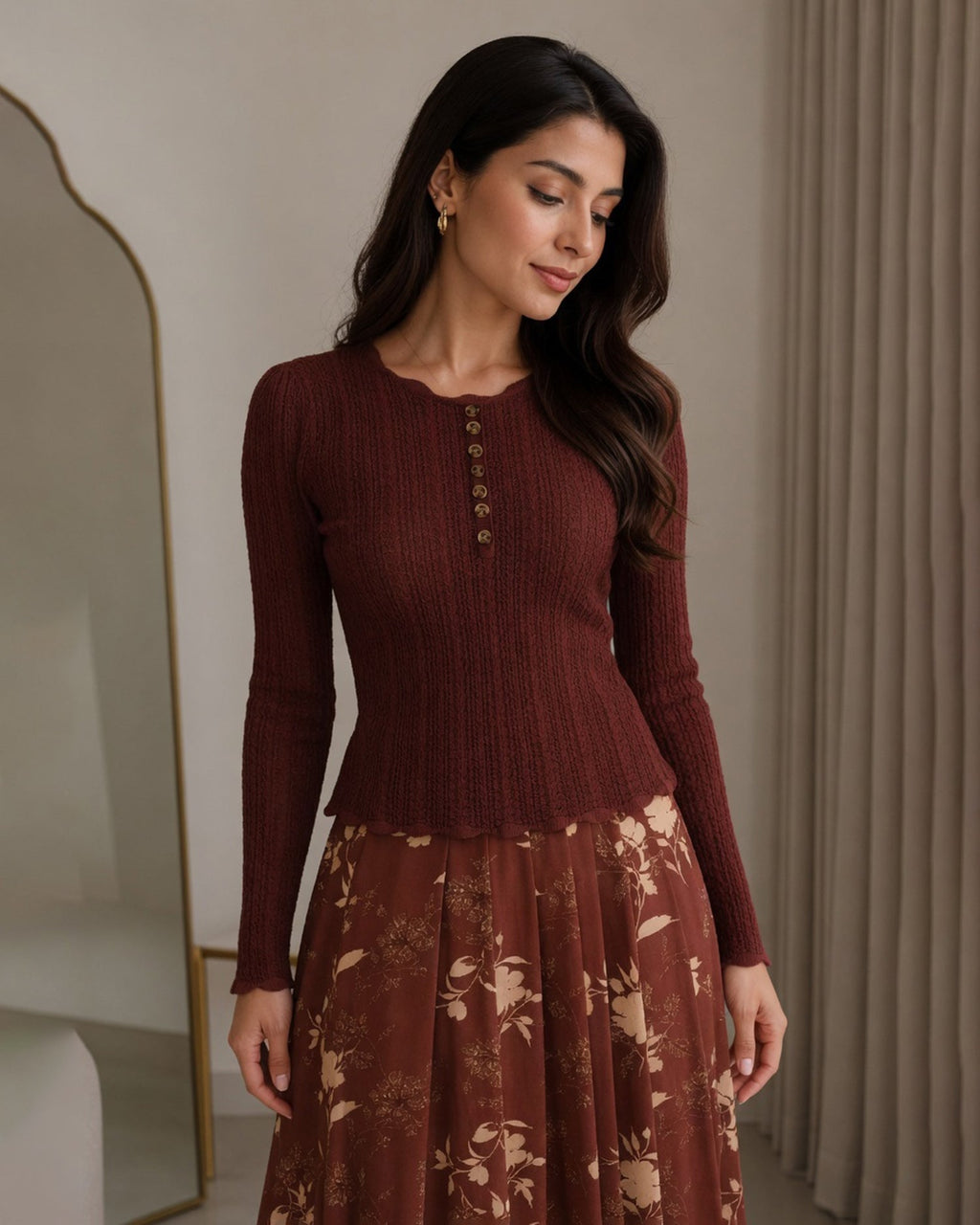 Kahverengi Dalgıç Düğmeli Triko Kazak