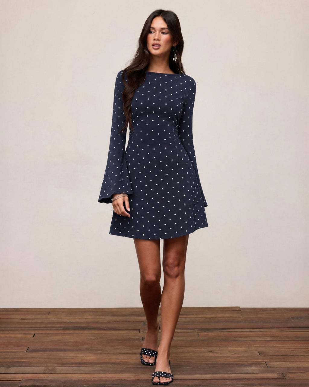 Mavi Bot Neck Puantiye Mini Elbise