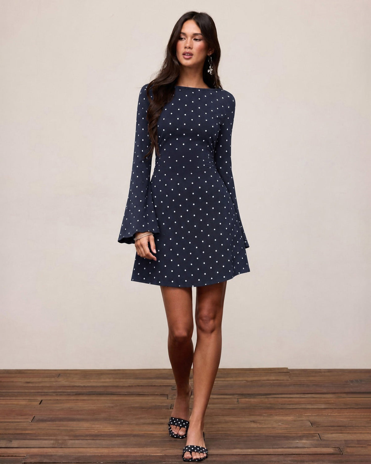 Mavi Bot Neck Puantiye Mini Elbise