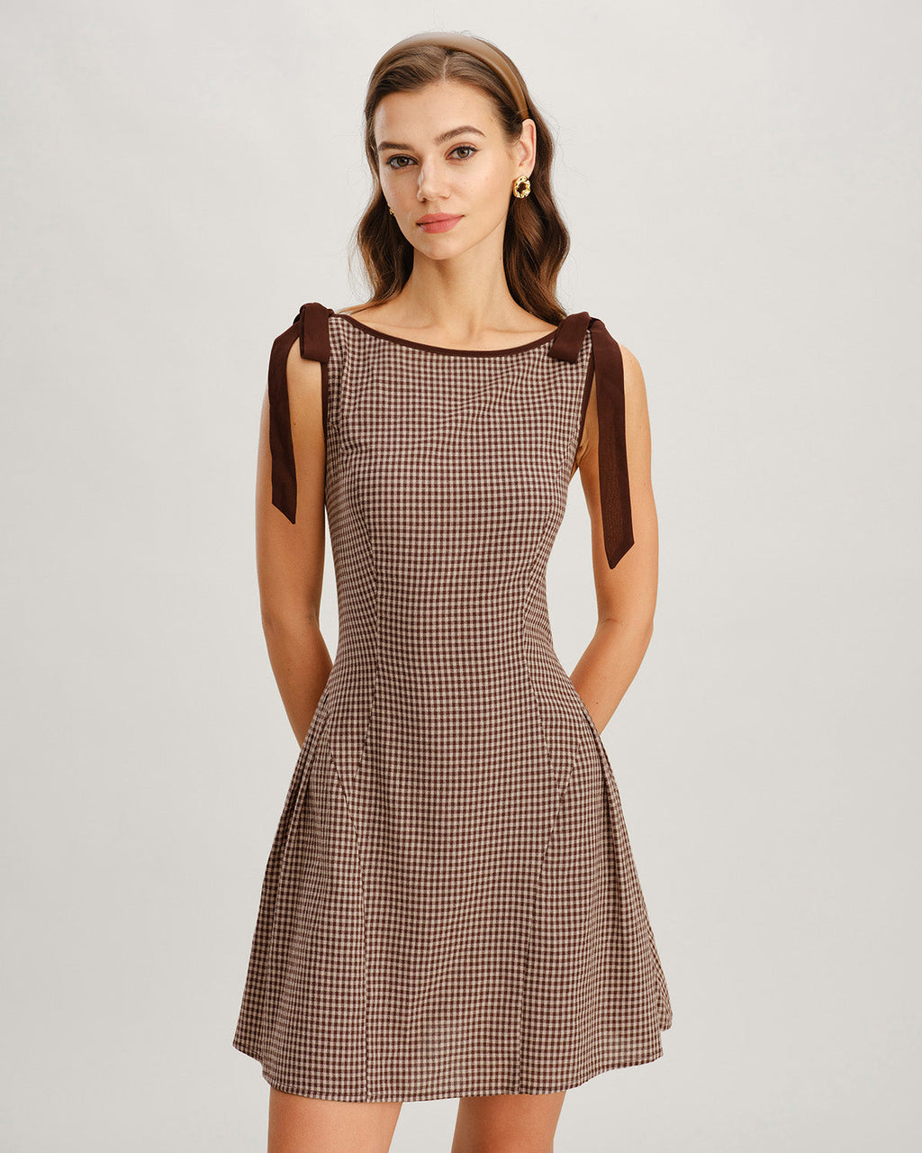 Kahverengi Gingham Askılı Mini Elbise