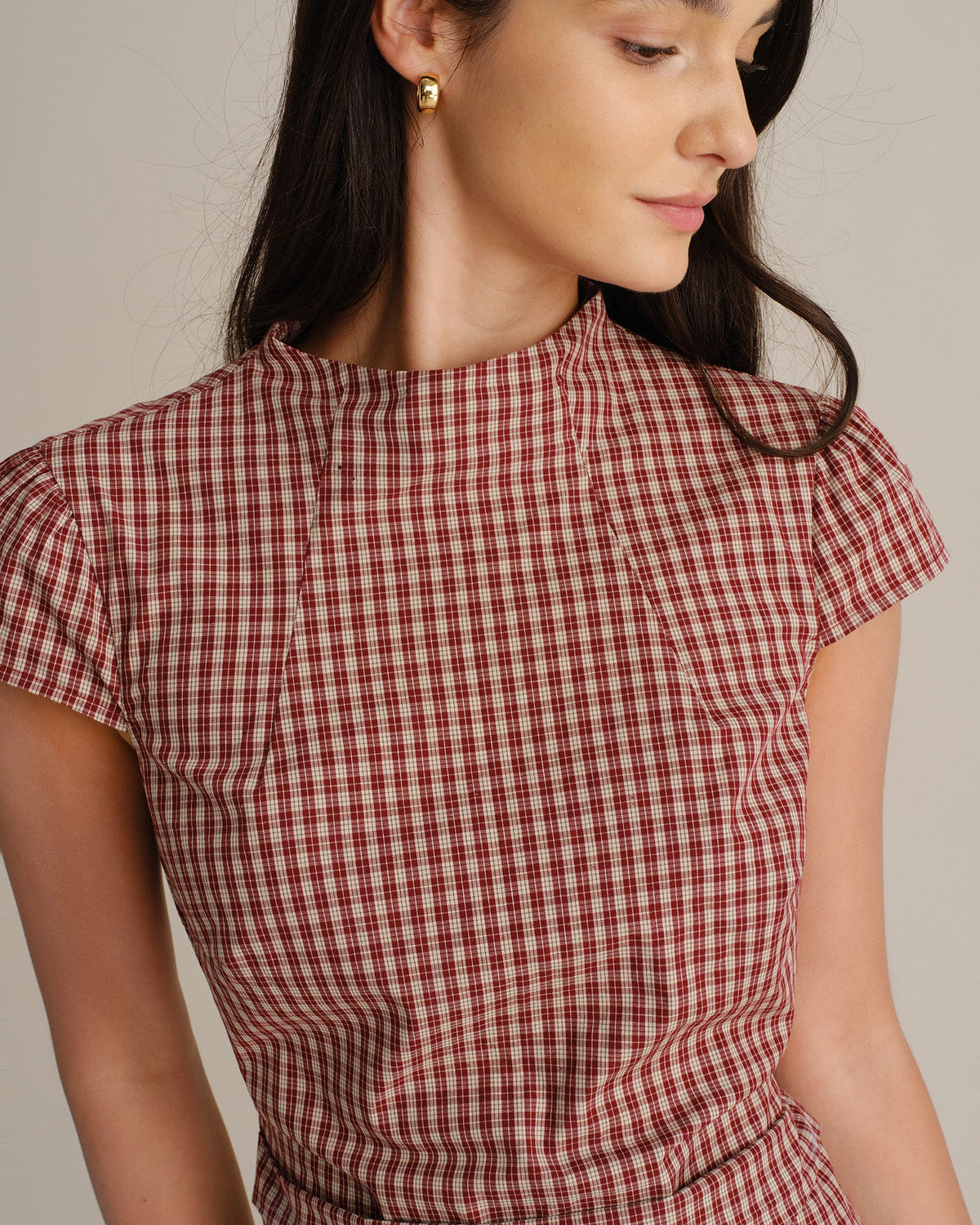 Kırmızı Kısa Kollu Bağcıklı Ekose Mini Elbise
