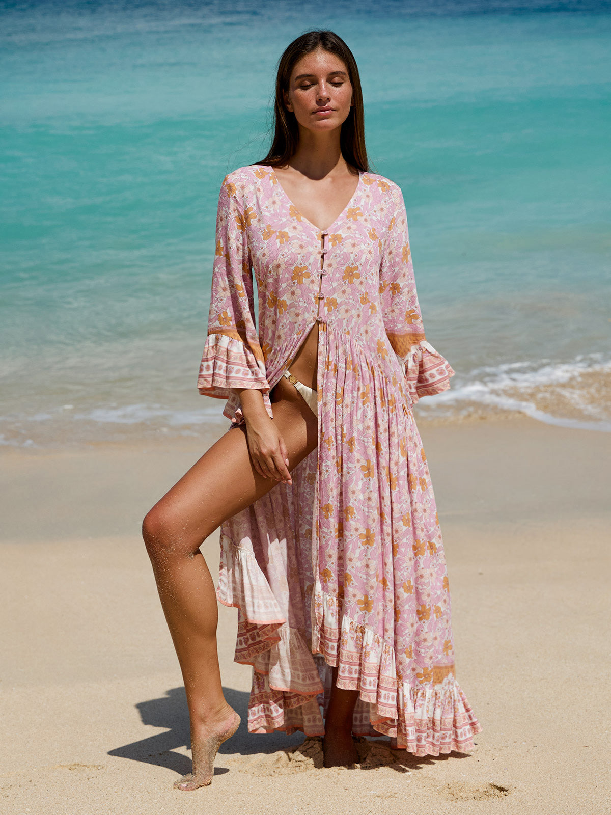 Şık Pembe Volanlı Plaj Elbisesi - Yaz Modası