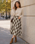 Kahverengi Esnek Bel Kareli Midi Etek