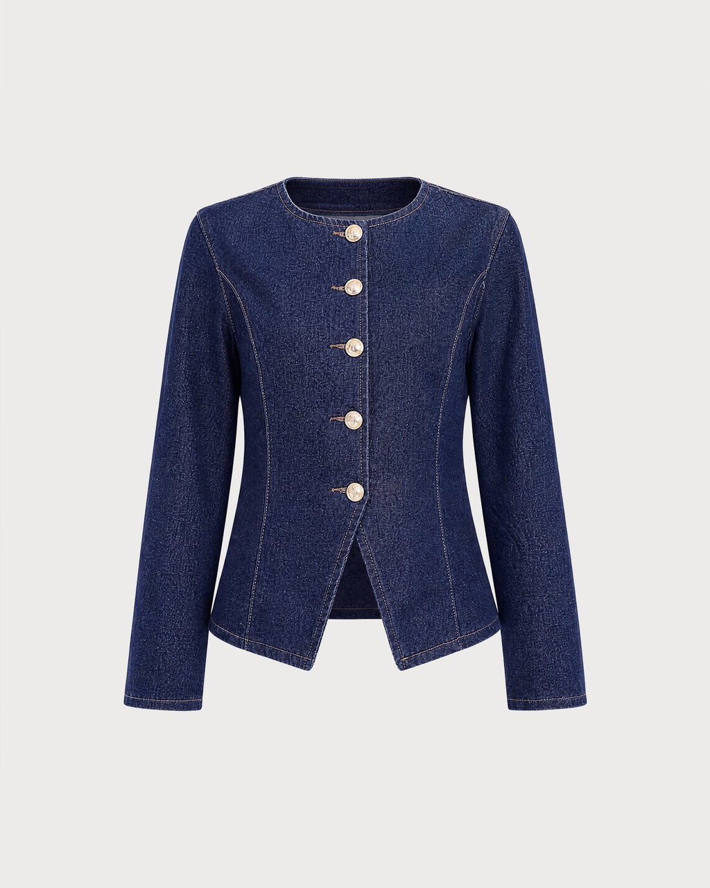 Mavi Yuvarlak Yaka Düğmeli Denim Bluz