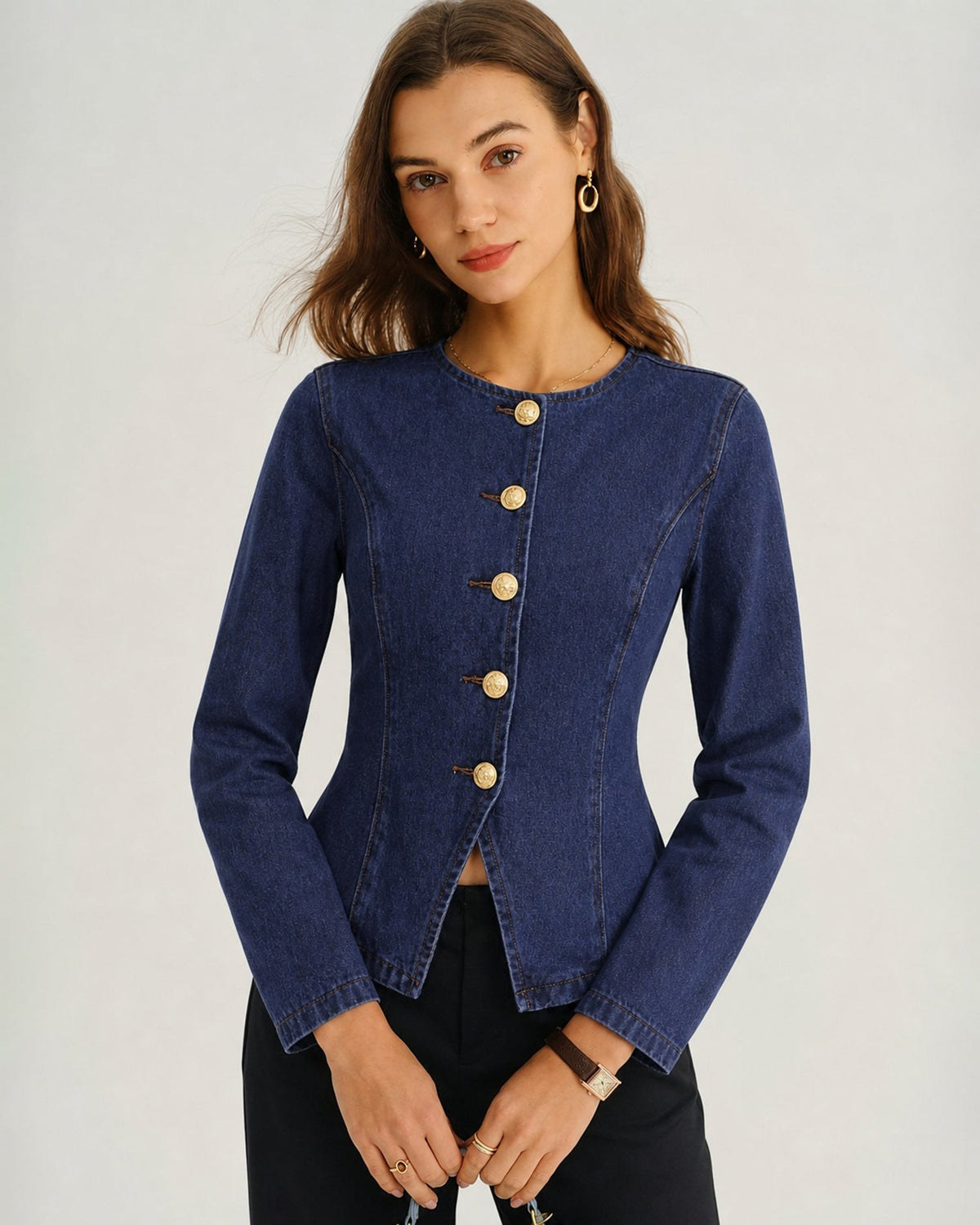 Mavi Yuvarlak Yaka Düğmeli Denim Bluz