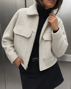 Off White Düz Fermuarlı Cepli Ceket