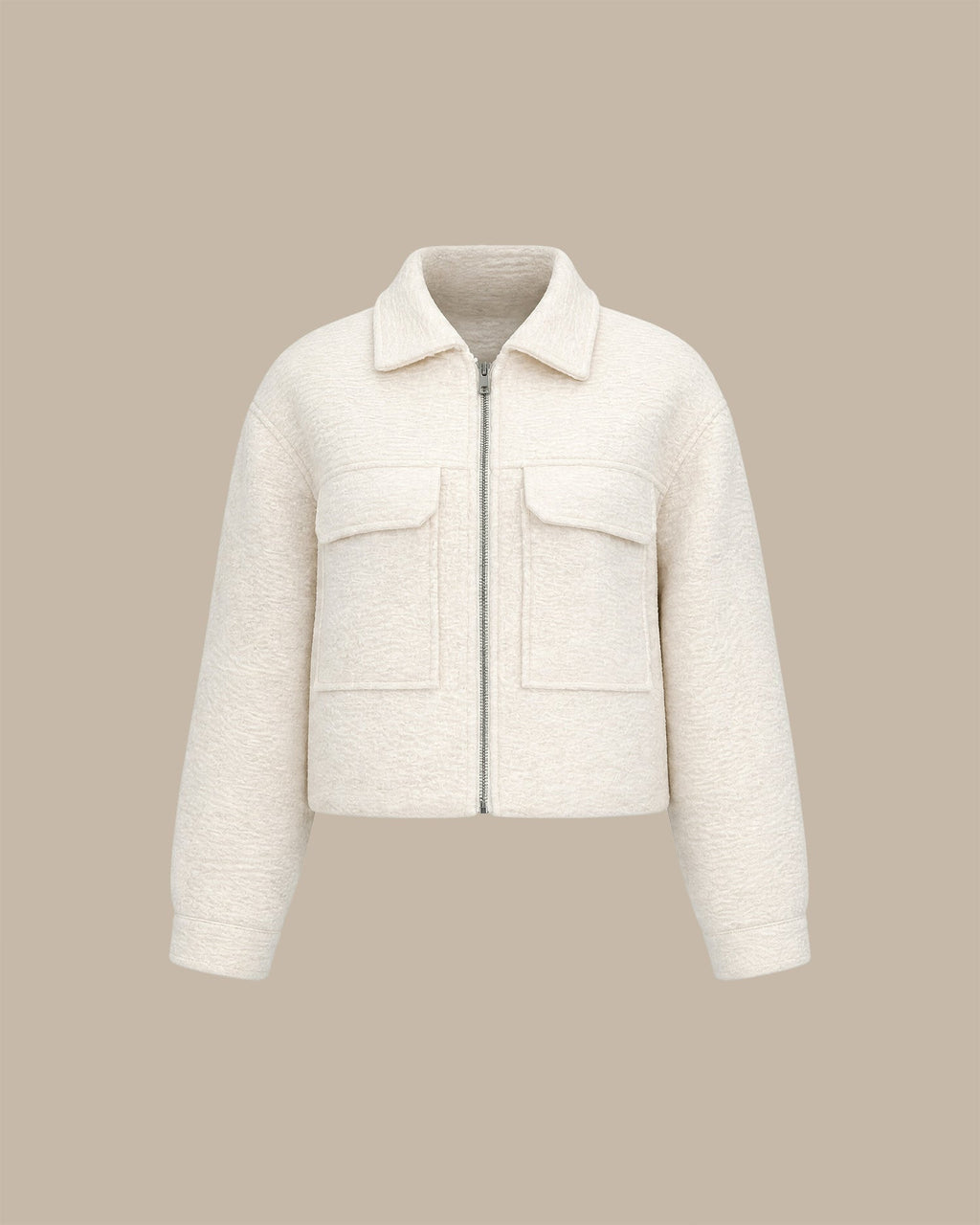 Off White Düz Fermuarlı Cepli Ceket