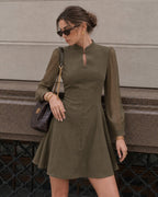 Kahverengi Şişkin Kol Splicing Düğmeli Mini Elbise